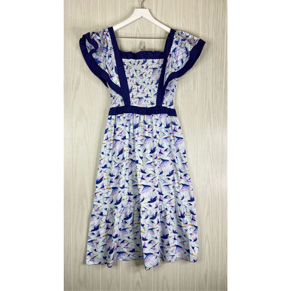 Briton Court Dress Flutter Sleeve Toucan Smocked Midi NWT Size XS Cottagecore